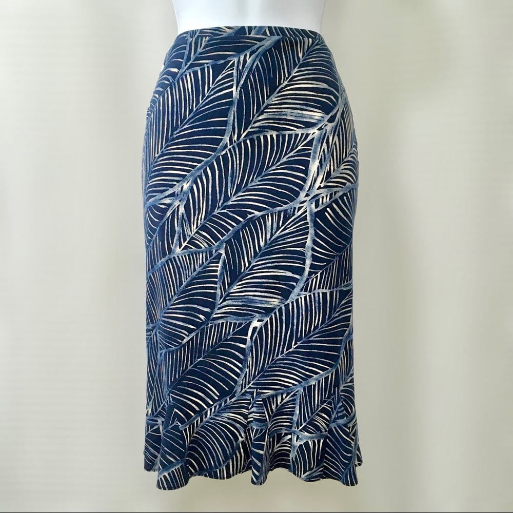 Express Y2K Blue Leaf Print Midi Pencil Skirt, S